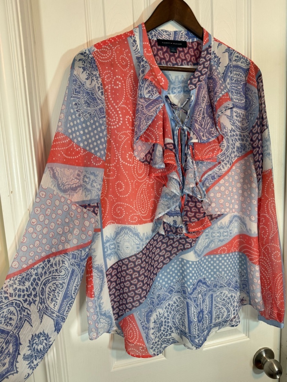 Tommy Hilfiger Ruffle Lace Up Mixed Print Paisley Blouse Size L - Picture 5 of 15